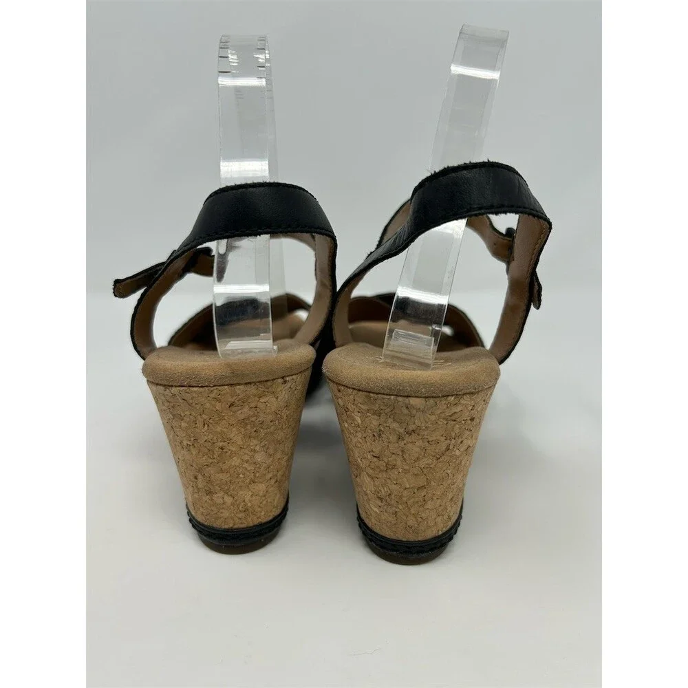 Clarks Womens Cork Wedge Sandals Black Crisscross Strappy Ankle Buckle Size 11